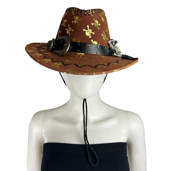 Accessories - Brown‎ Felt Skull and Bone Western Cowboy Hat